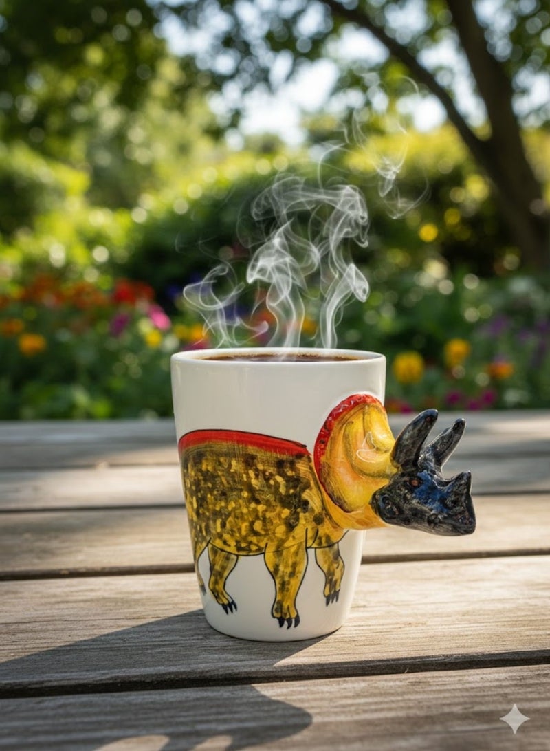 سولاري كوب قهوة سيراميك بمقبض ثلاثي الأبعاد من ترايسيراتوبس | كوب بتصميم حيواني إبداعي | كوب شاي وقهوة مصنوع يدويًا | هدية فريدة للمنزل والمكتب | أبيض | 350 مل - Image 3